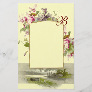 ROMANTİCA MONOGRAM / CYCLAMENS,rosa grönt kräm Brevpapper