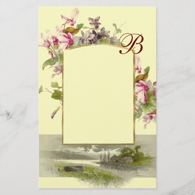 ROMANTİCA MONOGRAM / CYCLAMENS,rosa grönt kräm Brevpapper (Framsida)
