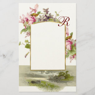 ROMANTİCA MONOGRAM / CYCLAMENS,rosa grönt kräm Brevpapper