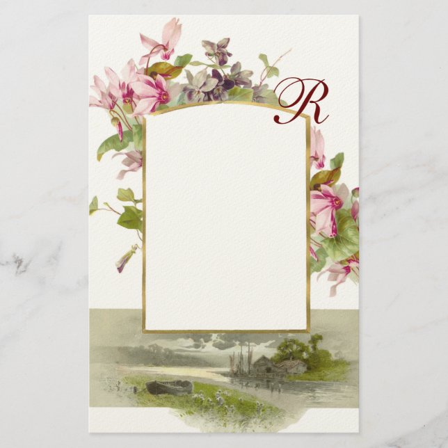 ROMANTİCA MONOGRAM / CYCLAMENS,rosa grönt kräm Brevpapper (Framsida)