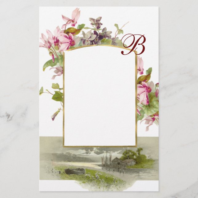 ROMANTİCA MONOGRAM / CYCLAMENS,vit grönt rosa Brevpapper (Framsida)