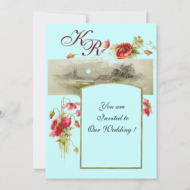 ROMANTİCA MONOGRAM / POPPIES,red,grönt, blått Inbjudningar (Framsida)