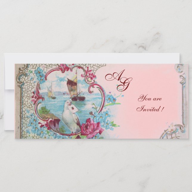 ROMANTICA  MONOGRAM, röd vit blå rosa Inbjudningar (Framsida)