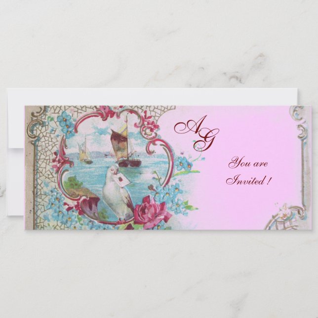 ROMANTICA  MONOGRAM, röd vit blå rosa Inbjudningar (Framsida)