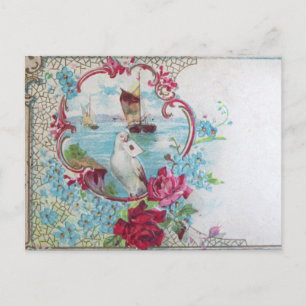 ROMANTICA /RO,BLÅA BLOMMOR,DOVE WITH BREV VYKORT