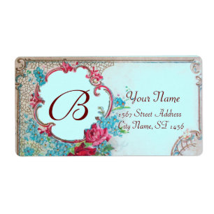 ROMANTICA RÖD ROS,BLÅA BLOMMOR MONOGRAM Teal Fraktsedel