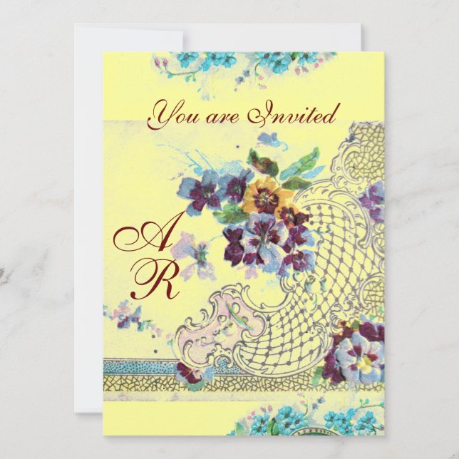 ROMANTICA Rosa Blue Gult Blommigt Bröllop Monogram Inbjudningar (Framsida)