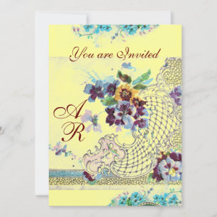 ROMANTICA Rosa Blue Gult Blommigt Bröllop Monogram Inbjudningar