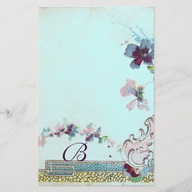 ROMANTİCA Rosa Teal Blue Bröllop Blommigt Monogram Brevpapper (Framsida)