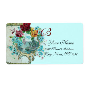 ROMANTICA TEAL BLUE BLOMMIGT BEACH WEDDING MONOGRA FRAKTSEDEL