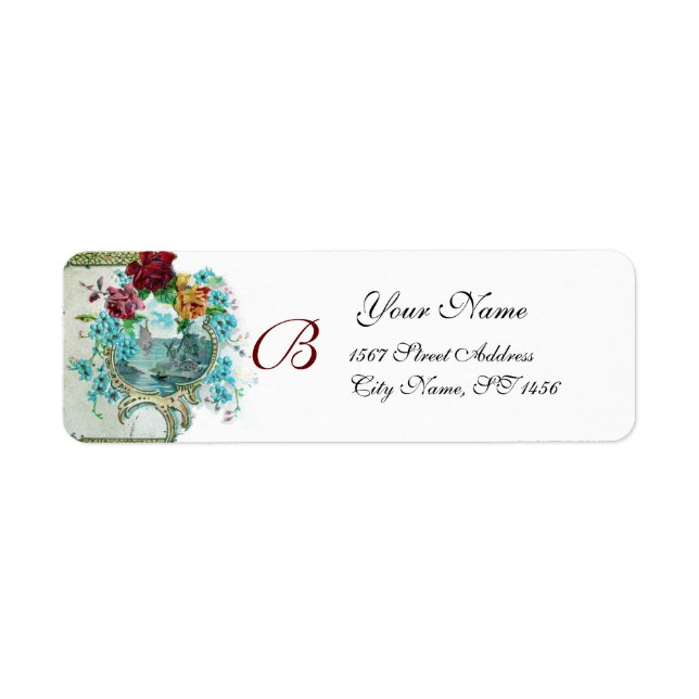 ROMANTICA WHITE BLUE BLOMMIGT BEACH WEDDING MONOGR RETURADRESS ETIKETT (Framsidan)