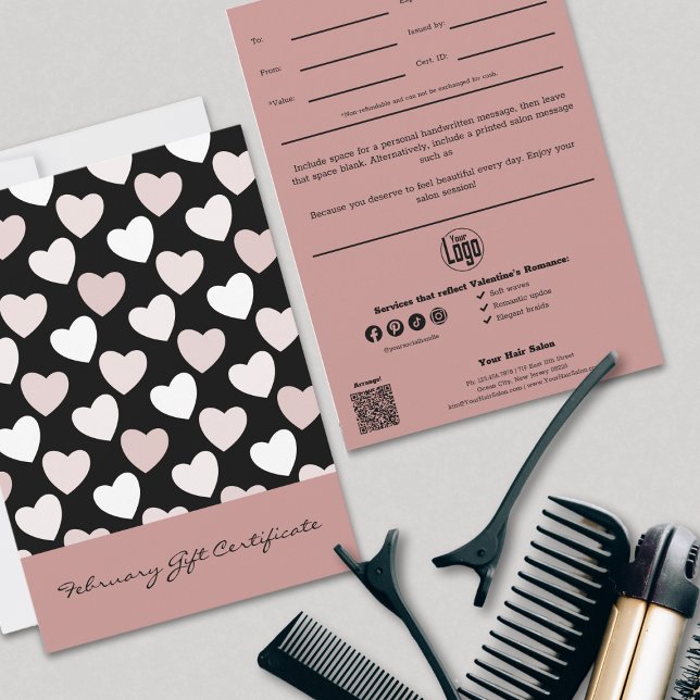Romantik Hair Stilar februari Giftcertifikat (Romance Hair Styles February Gift Certificate, QR Code, Logo, Note, Service List)