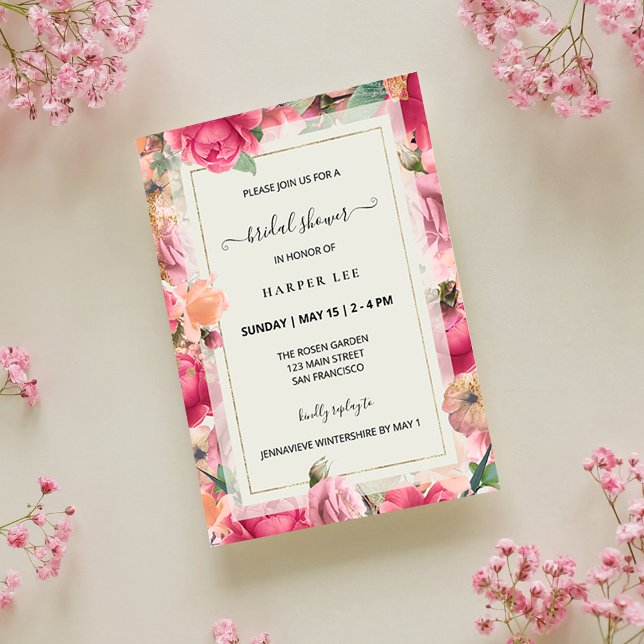 Romantik  Rosa ros Garden Möhippa Inbjudningar (Romance Blush Pink Roses Gold Frame Modern Floral Garden Bridal Shower Invitation)