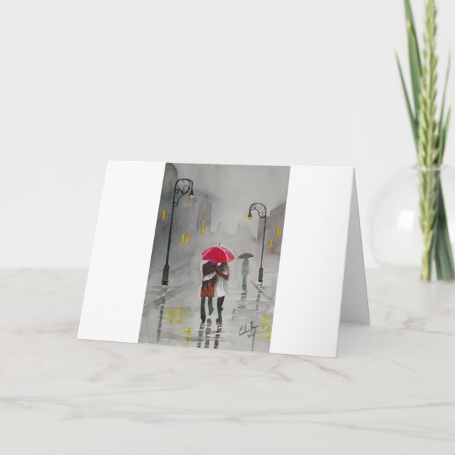 Romantiker för SPÅRVAGN för REGNIGT DAGPARAPLY Kort (Framsida)