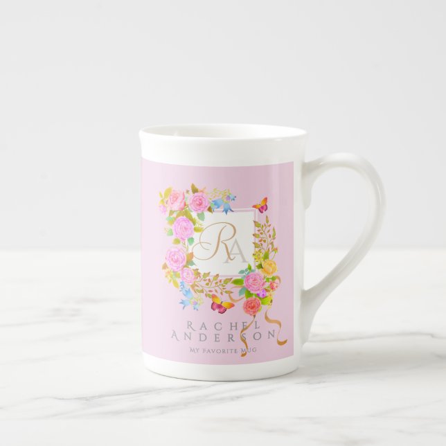 Romantiker Uppblomstrande Trädgård Monogram Rosa Benporslin Mugg (Höger)
