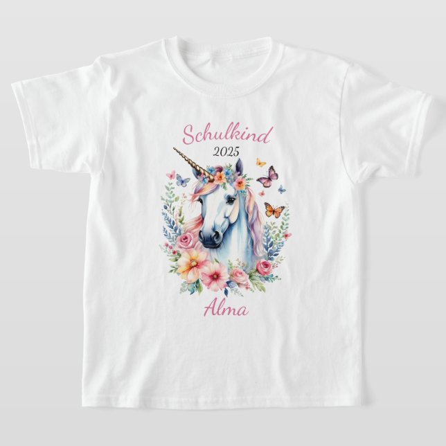 Romantisches Einhorn mit Blumen - Schulkind 2026 | T Shirt (Laydown)