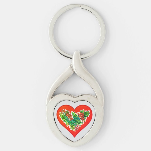 Romantisches Herz mit Beeren und Blättern Twisted Heart Silverfärgad Nyckelring (Framsidan)