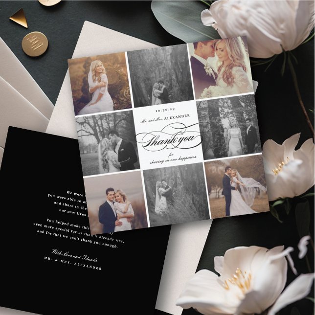 Romantisk 8-foto Elegant bröllop Design Tack Kort (Romantic Classic Script 8 Multi Photo Collage Chic Wedding Thank You Card @ fatfatin_blue_knot)