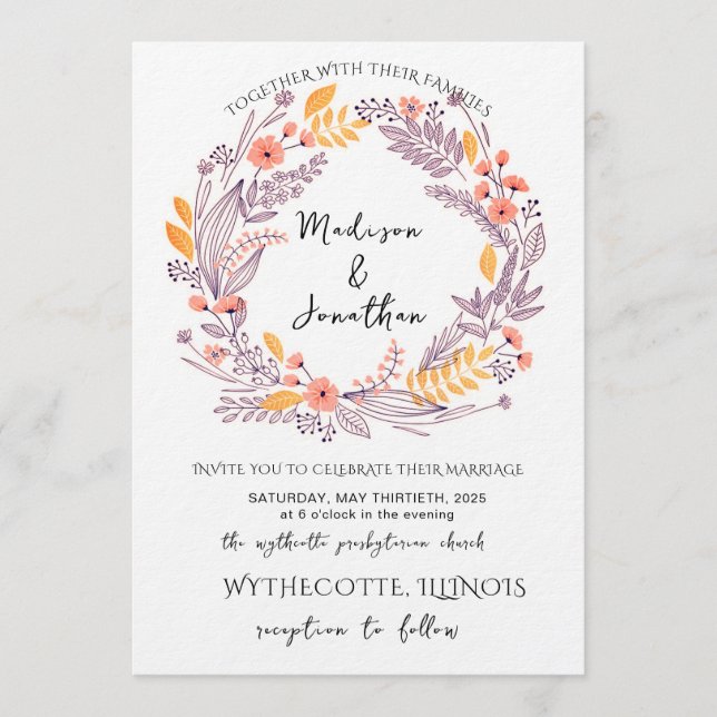 Romantisk akvarell blomsterkrans bröllop inbjudningar (Framsida)
