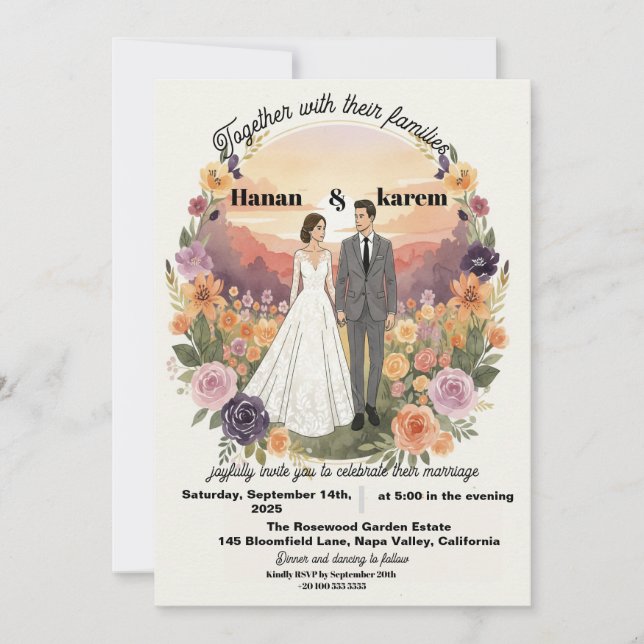 Romantisk akvarell blomsterkrans bröllopsinbjudan inbjudningar (Framsida)