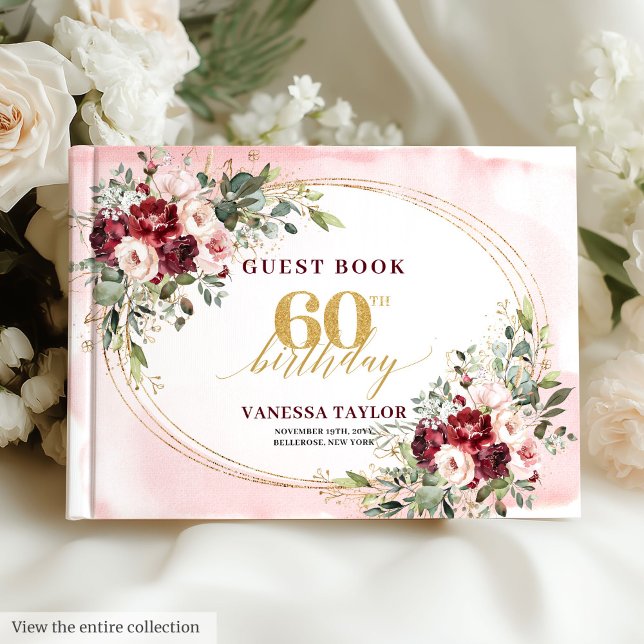 Romantisk akvarell Boho Marsala Guld 60 Födelsedag Gästböcker (Romantic Watercolor Boho Marsala Gold 60 Birthday Guest Book)