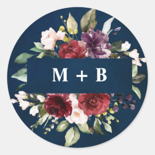 Romantisk akvarell Burgunderröd Marinblå Blommig Runt Klistermärke