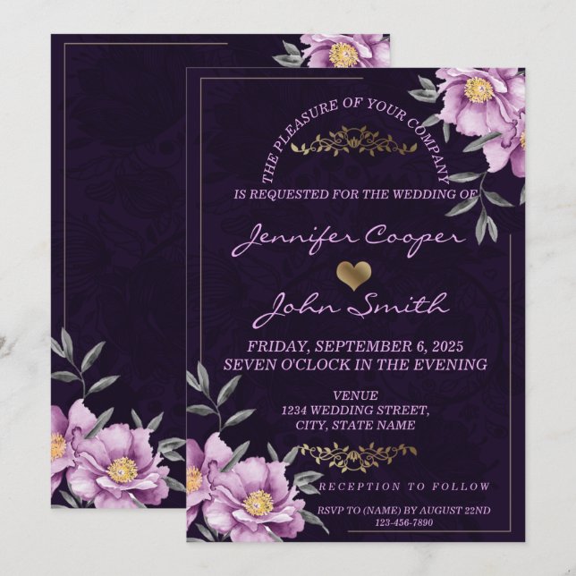Romantisk akvarell lila påsklilja blomsterbröllop inbjudningar (Fram/baksida)