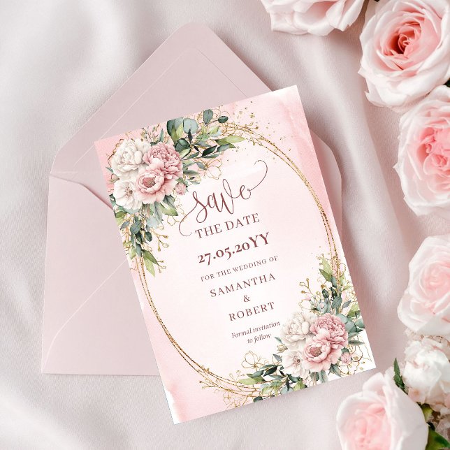 Romantisk akvarell ljusrosa eucalyptus Save The Spara Datumet (Romantic Watercolor Light Pink Eucalyptus Save The Date)