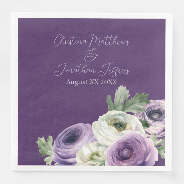 Romantisk akvarell Ranunculus på mörklila Pappersservett (Framsida)