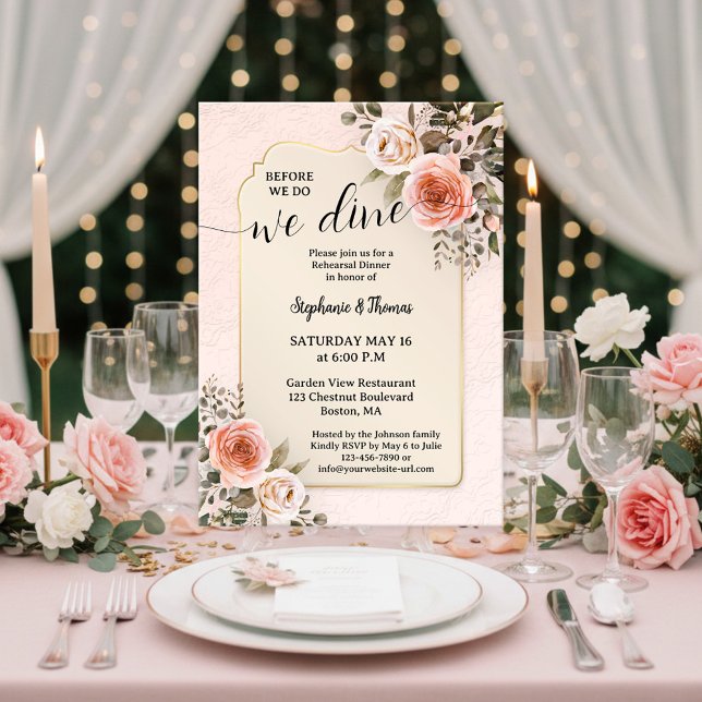 Romantisk akvarell ros repetition middag inbjudningar (Rehearsal dinner invitation featuring romantic watercolor roses in a blush pink retro style)