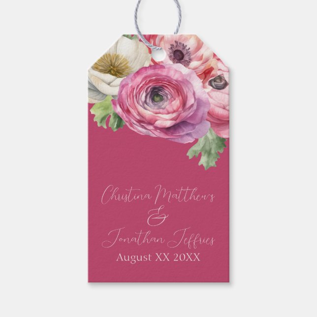 Romantisk akvarell rosa ranunculus på rodnad presentetikett (Framsidan)