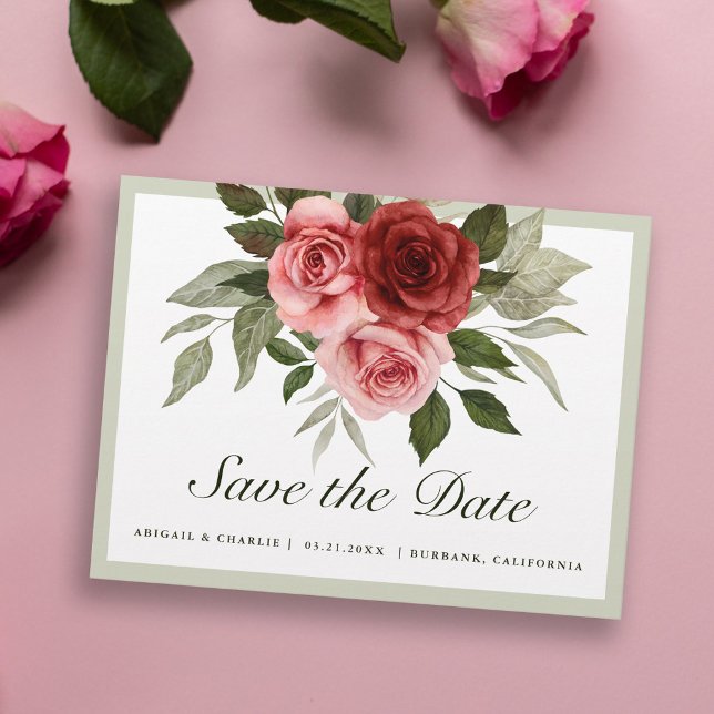 Romantisk akvarell Rosa Röda Rosor Spara Datum Meddelande Vykort (Skapare uppladdad)