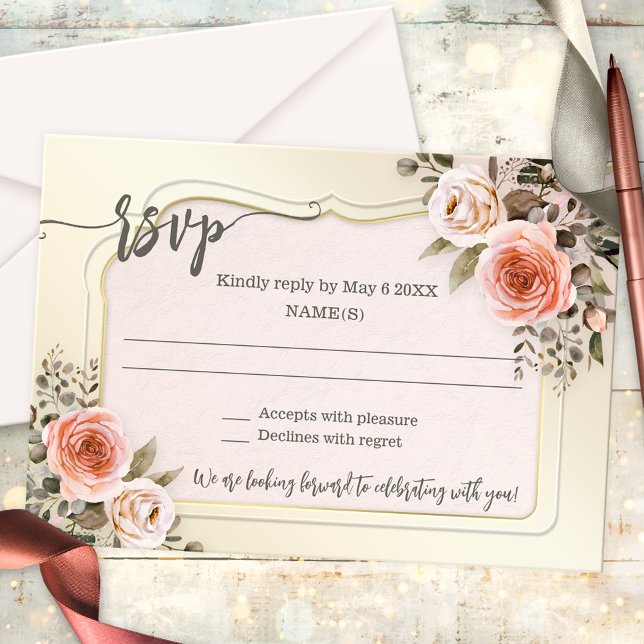 Romantisk akvarellblommig bröllops-RSVP-kort Inbjudningar (Watercolor wedding RSVP card featuring blush pink roses on an elegant boho chic background)