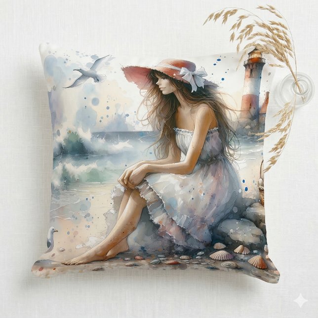 Romantisk akvarellflicka vid fyr kudde (Romantic Watercolor Girl by Lighthouse Throw Pillow Mockup A)