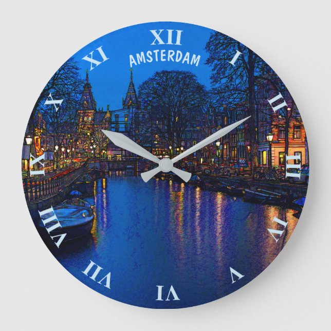 Romantisk Amsterdam kanal på natten med fartyg Stor Klocka (Framsida)