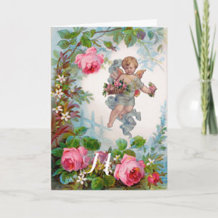 ROMANTISK ÄNGEL SOM PLUCKAR ROSOR OCH BLOMMOR HELGKORT