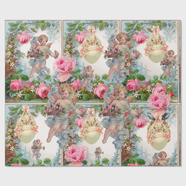 ROMANTISK ANGEL SOM SAMLAR ROSA ROS, PÅSKÄGG PRESENTPAPPER (Platt)