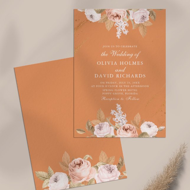 Romantisk Aprikos Pion Bröllopsinbjudan Inbjudningar (Romantic Apricot Peony Wedding Invitation on neutral table)