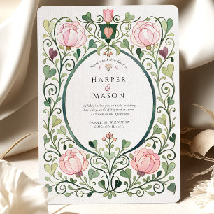 Romantisk Art Nouveau Rosa Peony Bröllop Inbjudningar