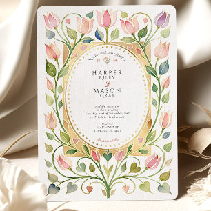 Romantisk Art Nouveau Tulpan & Hjärtan Guld Bröllo Inbjudningar