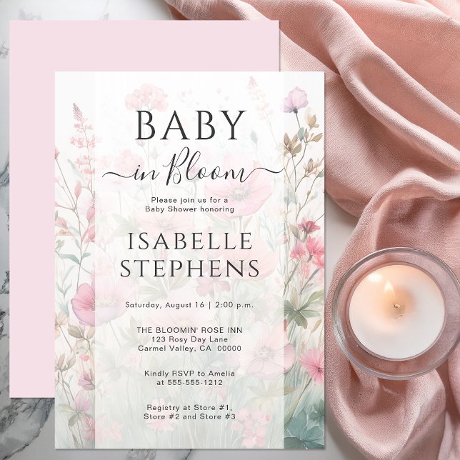 Romantisk Baby Shower för spädbarn med vilda blomm Inbjudningar (Romantic wildflower baby shower invitation with soft layered floral background)