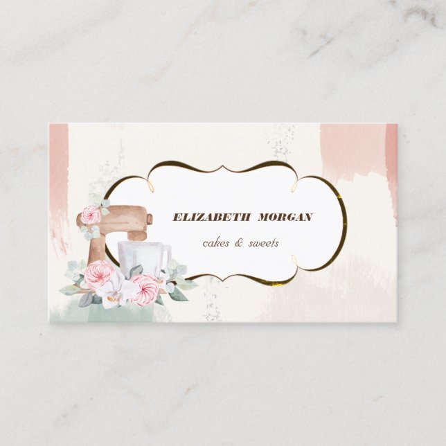 Romantisk bageri, Watercolor Mixer Blommor Visitkort (Framsida)