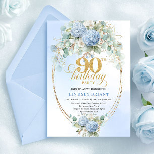 Romantisk Blå Blommig Boho 90-års Födelsedagsinbju Inbjudningar