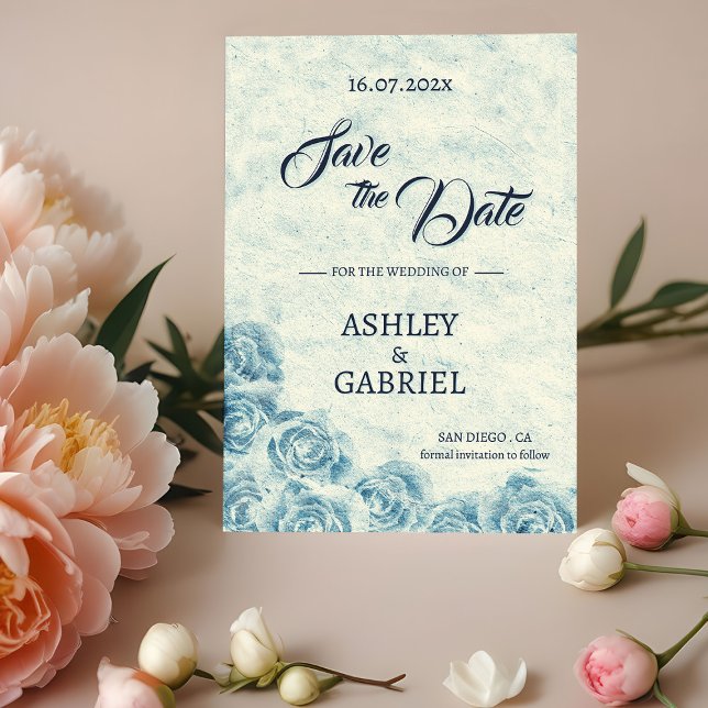 Romantisk Blå Blommig Bröllop Spara Datum Kort (Romantic Blue Floral Wedding Save The Date Card)