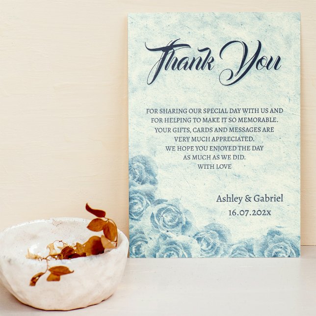 Romantisk Blå Blommig Bröllop Tacksamhetskort Tack Kort (Romantic Blue Floral Wedding Thank You Card)