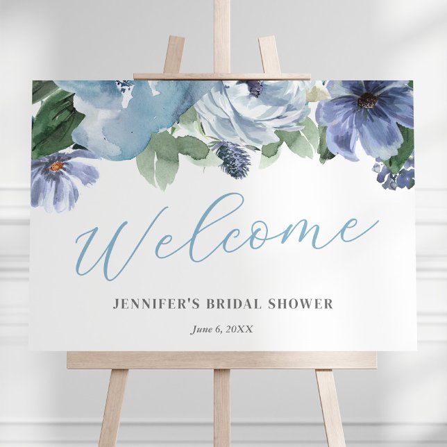 Romantisk blå blommig bröllopsfest välkomstskylt poster (Skapare uppladdad)