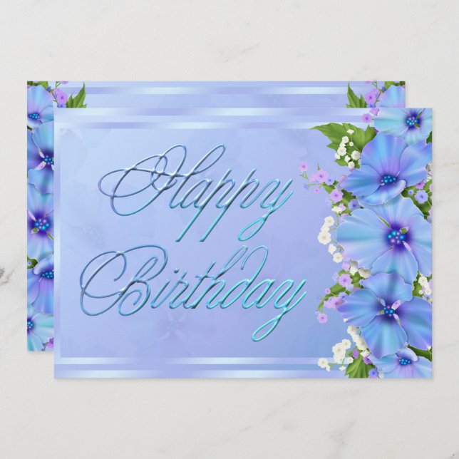 Romantisk blå Blommigt, Födelsedagsfest Inbjudningar (Fram/baksida)