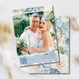 Romantisk blå Blommigt Foto QR-kod Bröllop Inbjudningar