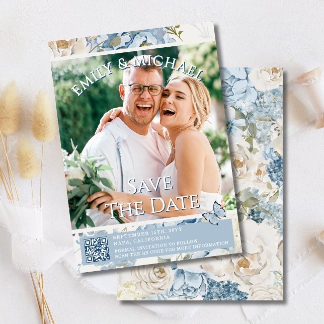Romantisk blå Blommigt Foto QR-kod Bröllop Inbjudningar (Skapare uppladdad)