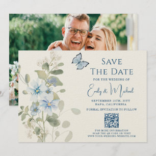 Romantisk blå Blommigt Foto QR-kod Bröllop Spara Datumet